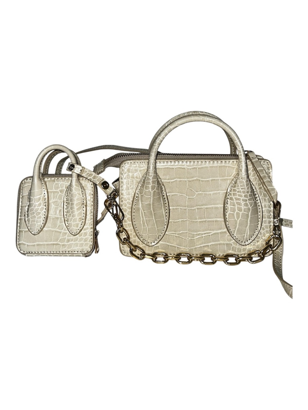Zara Croc-Embossed Cream Mini Satchel with Chain and Pouch